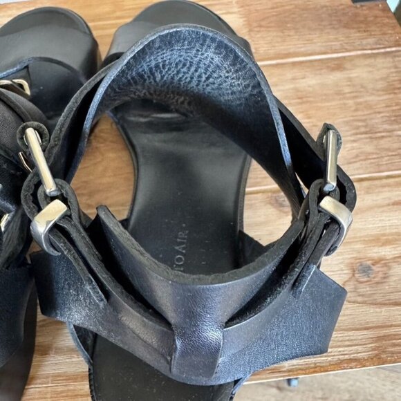 Surface to Air Black Leather Double Ankle Wrap Silver Buckle Block Heel Sandal - Picture 11 of 15